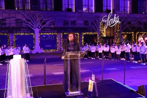 Michelle Obama Sparkled at Saks Fifth Avenue Holiday Window Unveiling